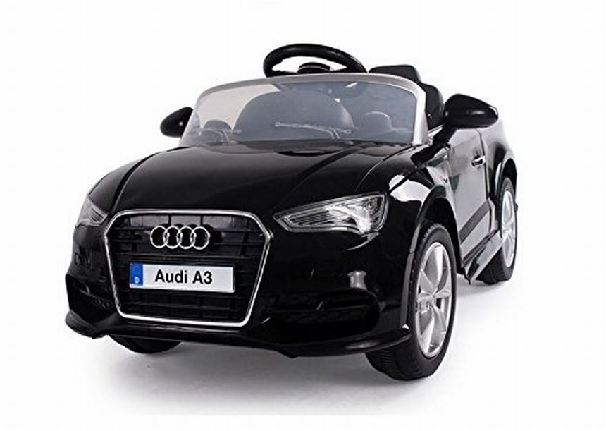 Auto elettrica BabyCAR Audi A3 nera con sedile in pelle, fari a LED e telecomando parentale per bambini dai 3 anni d’età