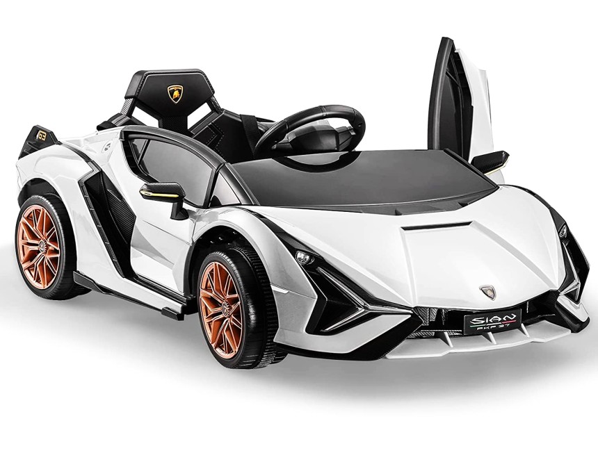 Lamborghini Sian, una delle migliori auto elettriche per bambini attualmente sul mercato, con porte a farfalla, sospensioni a molla, fari a LED, e telecomando parentale