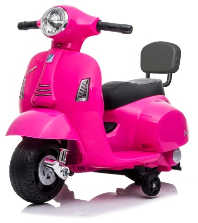 Mini Vespa elettrica per bambine Piaggio GTS di BabyCAR, colore rosa fucsia, con sedile in pelle, luci e suoni, adatta dai 18 ai 36 mesi d’età