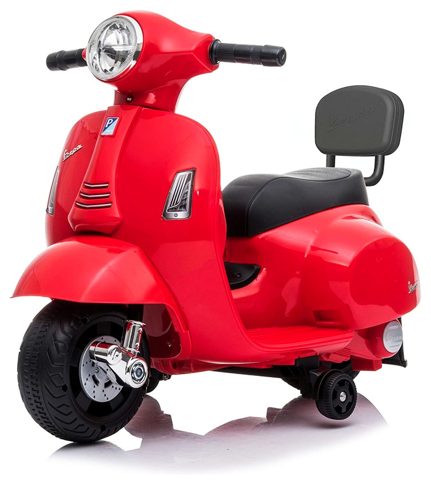 Mini Vespa elettrica per bambini Piaggio GTS di BabyCAR, colore rosso, con sedile in pelle, luci e suoni, adatta dai 18 ai 36 mesi d’età
