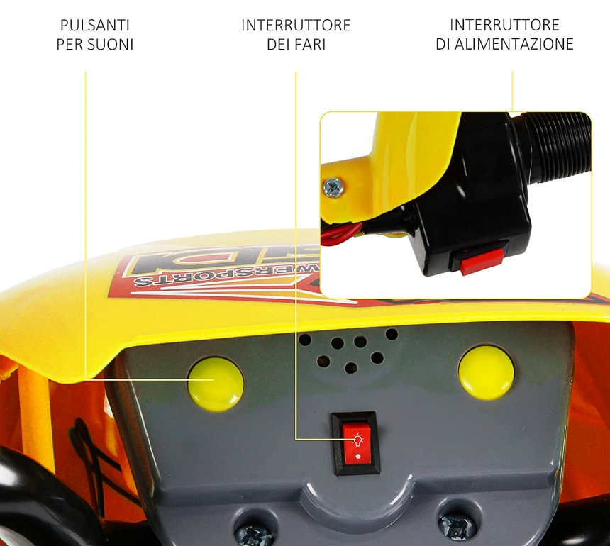 La moto da cross elettrica di HomCom offre un'esperienza di guida realistica grazie all'interruttore per accendere il faro anteriore a LED, i pulsanti per i suoni, e l'interruttore di accensione posto direttamente sul manubrio