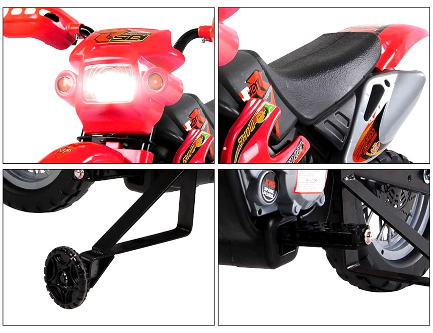 Sono notevoli i dettagli della moto da cross elettrica HomCom, come ad esempio il faro anteriore a LED funzionante, il morbido sedile imbottito, le rotelle posteriori di supporto (smontabili), e i pedali poggiapiedi