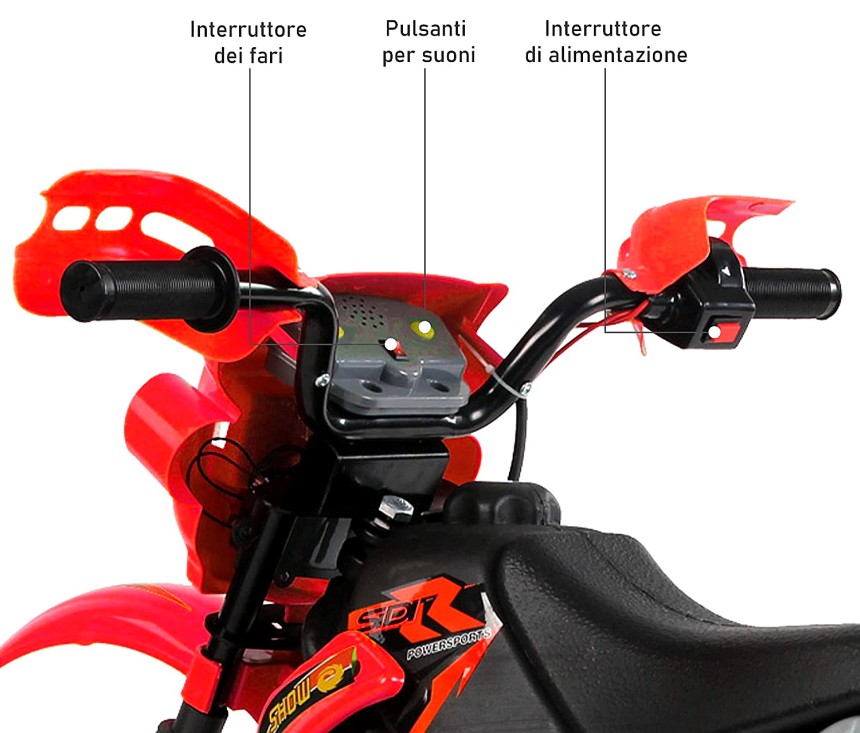 La moto da cross elettrica di HomCom offre un'esperienza di guida realistica grazie all'interruttore per accendere il faro anteriore, i pulsanti per i suoni, e l'interruttore di accensione posto direttamente sul manubrio