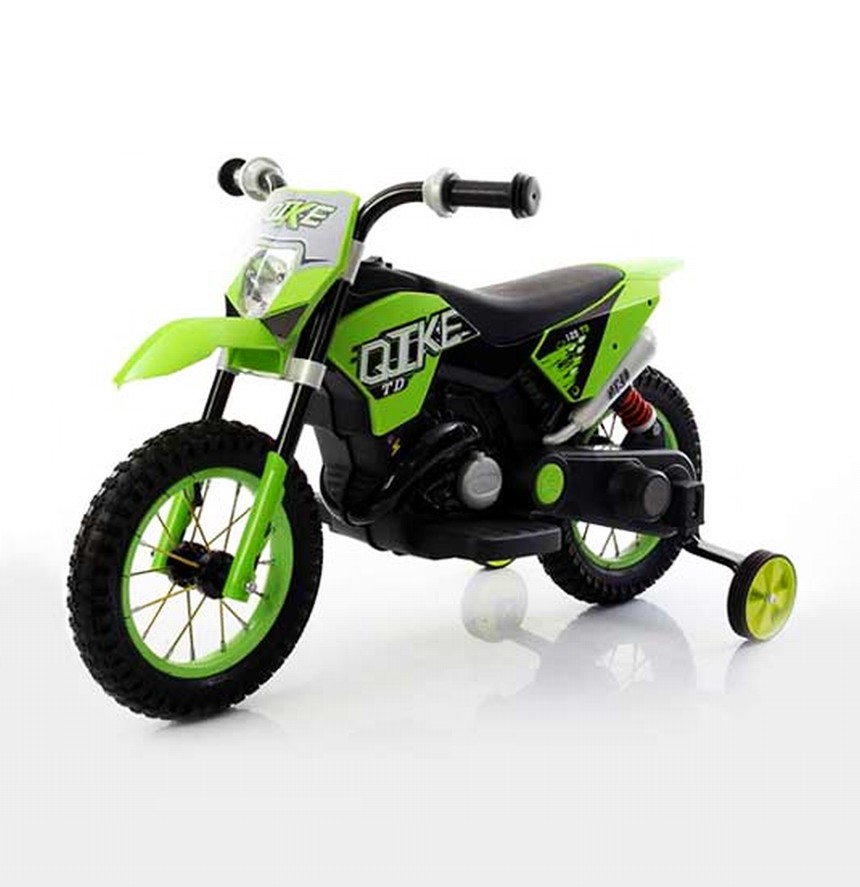 Moto da cross elettrica per bambini BabyCAR QIKE colore verde, con rotelle, dai 2 anni d’età