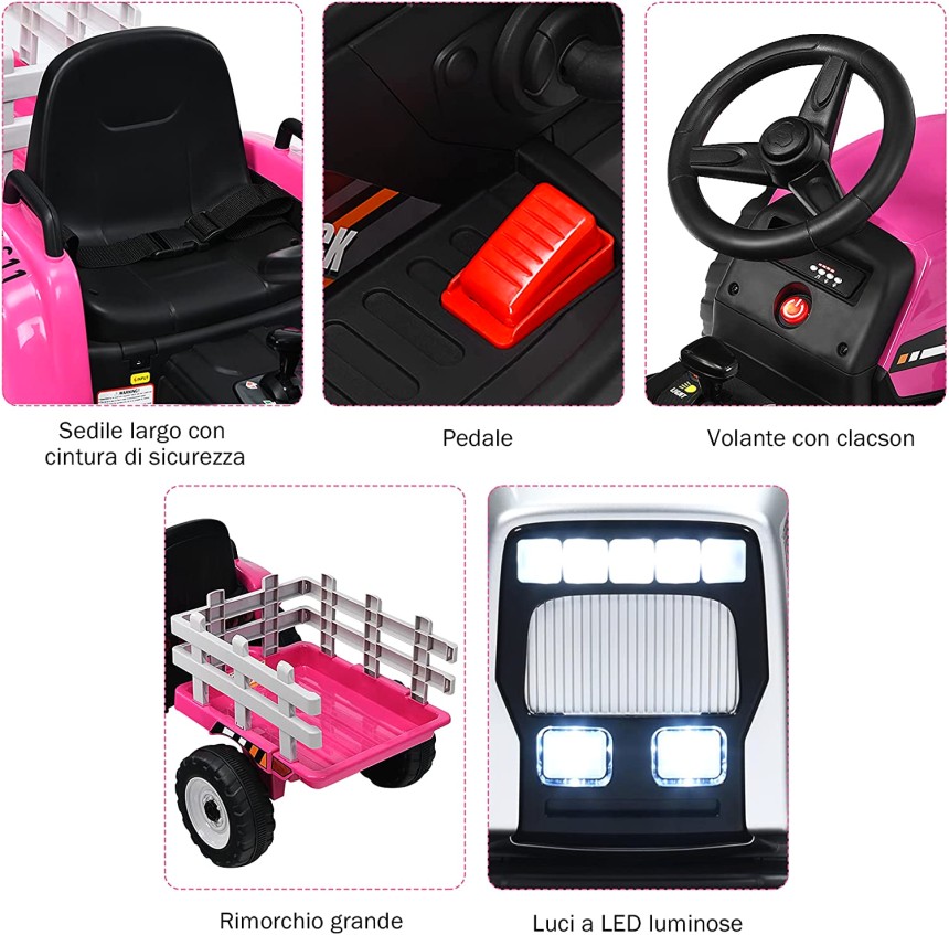 Il trattore elettrico COSTWAY MX-611 è dotato di sedile con cintura di sicurezza, volante con clacson, vere luci a LED, e un gran rimorchio porta giocattoli