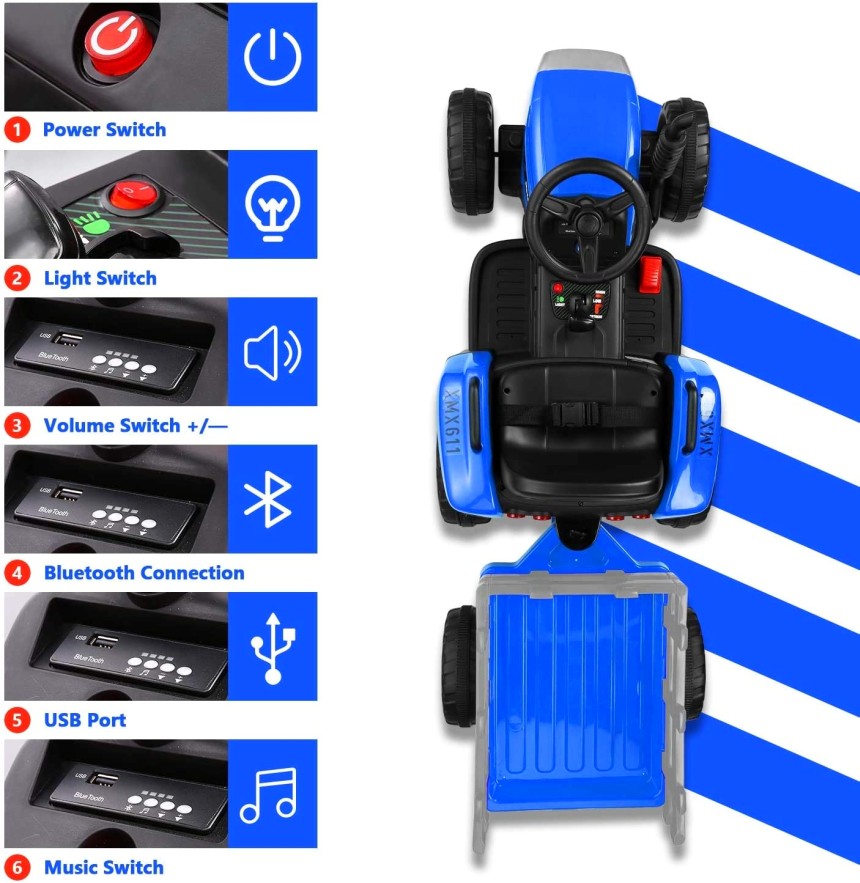 Sono tanti gli accorgimenti che troverete nel trattore elettrico per bambini Mondial Toys MX-611, come ad esempio le luci montate sulla calandra, la connessione Bluetooth, oltre che l'utilissimo telecomando parentale